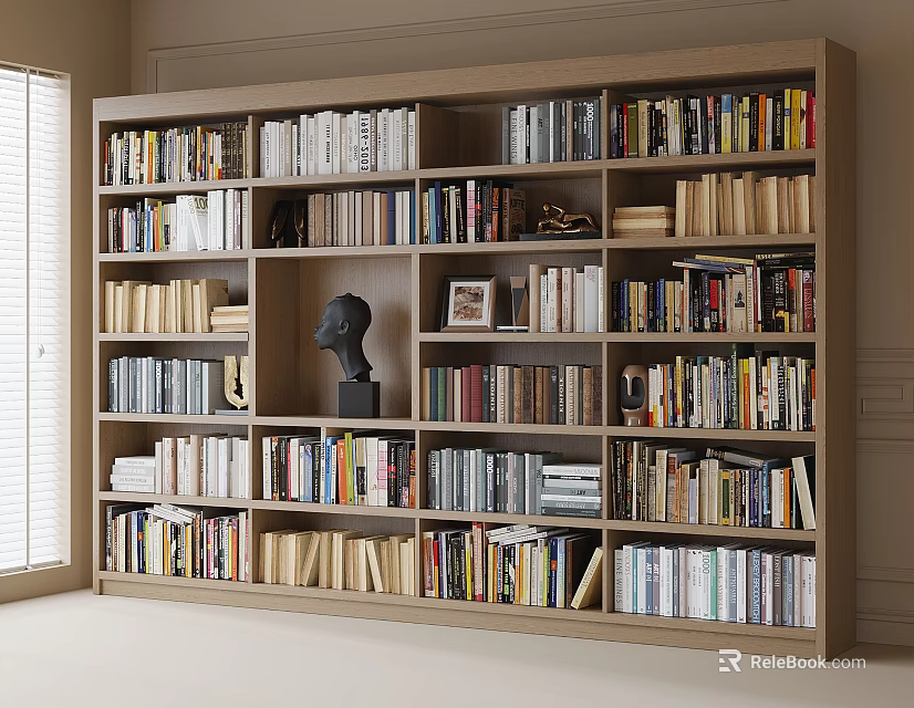 Large Wooden Bookcase With Various Books Decorative Sculpture And Photo Frames 3d model 