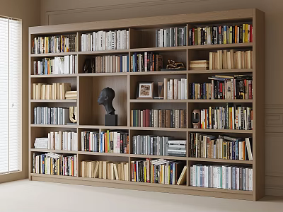 Large Wooden Bookcase With Various Books Decorative Sculpture And Photo Frames 3d model