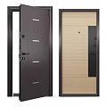 Dark and Light Colored Hinged Doors with Metal Accents and Door Locks