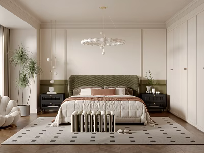 Modern Bedroom Interior With Green Headboard Cloud Pendant Light And Area Rug 3d model