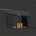 Black Modern Pistol With Shiny Bullets And Magazine On Reflective Surface