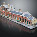 Vintage Red Brick Train Station Model With Solar Panels Green Windows Chimney And Benches