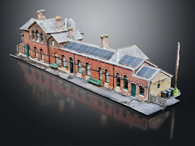 Vintage Red Brick Train Station Model With Solar Panels Green Windows Chimney And Benches 3d model