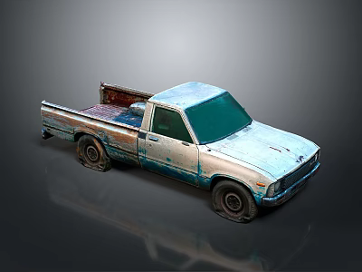 Old Rusty Blue And White Pickup Truck With Worn Exterior And Open Truck Bed 3d model