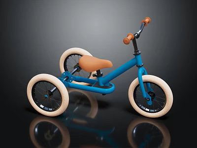 Blue Kids Tricycle With Brown Seat Orange Handlebars And Three Wheels On Black Reflective Surface 3d model