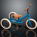 Blue Kids Tricycle With Brown Seat Orange Handlebars And Three Wheels On Black Reflective Surface