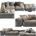 Gray Upholstered Sectional Sofa with Patterned Pillows and Multiple Angles View 3d model