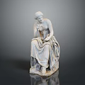 Classical Woman Statue In Sitting Posture With Flowing Drapery And Contemplative Hand Gesture