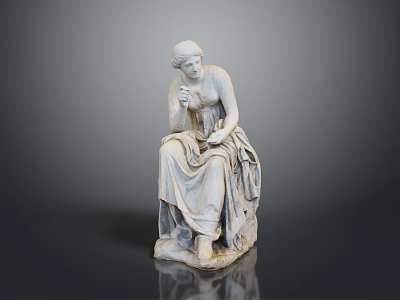 Classical Woman Statue In Sitting Posture With Flowing Drapery And Contemplative Hand Gesture 3d model