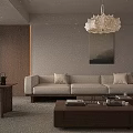 Cozy Neutral Tone Living And Dining Room Interior With Elegant Wooden Furniture And Soft Lights