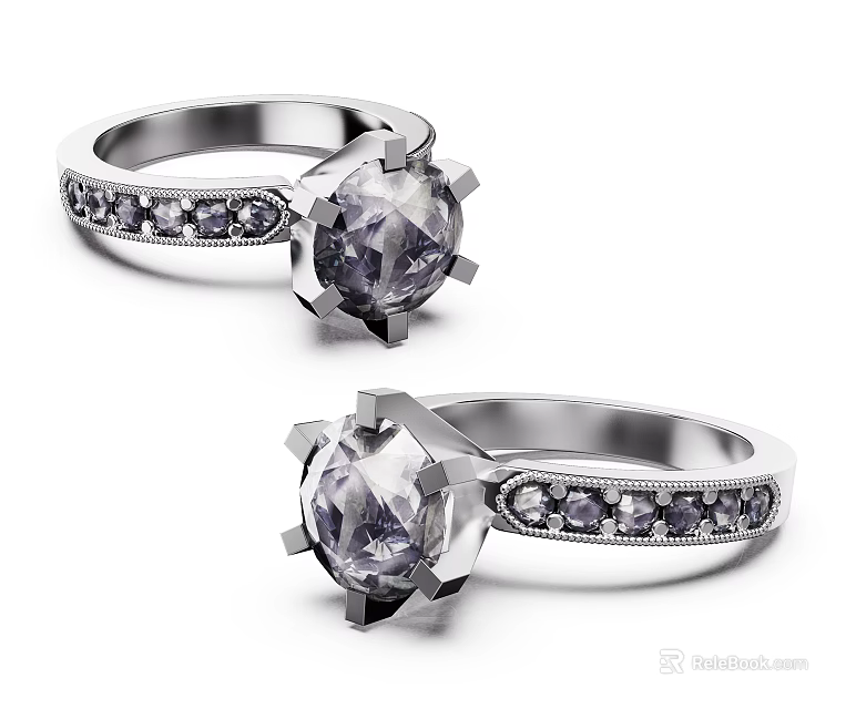 Elegant Silver Rings With Large Purple Gemstone And Small Side Stones 3d model 