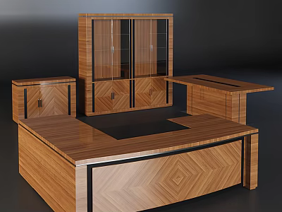 Wooden Office Desk With Herringbone Design Smooth Top Black Trim And Glass Cabinet 3d model