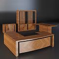 Wooden Office Desk With Herringbone Design Smooth Top Black Trim And Glass Cabinet