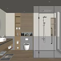 Modern Bathroom Interior With Glass Shower Enclosure Wooden Vanity Round Mirror And Toilet