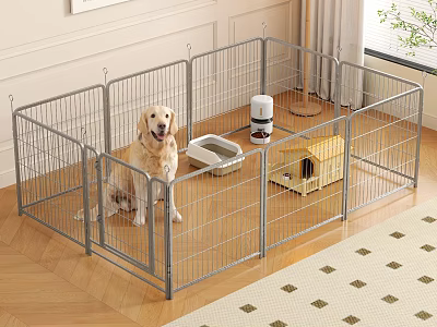 Indoor Wire Pet Playpen With Golden Retriever Pet House Food Bowl And Water Dispenser 3d model