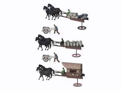 People Transporting Goods in Multiple Horse-Drawn Carts with Barrels Sacks and Loads 3d model