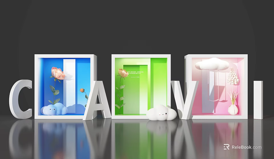 Colorful Frames Photo Check In Spot With Letter Decor Flowers Greenery And Mirror Floor 3d model 