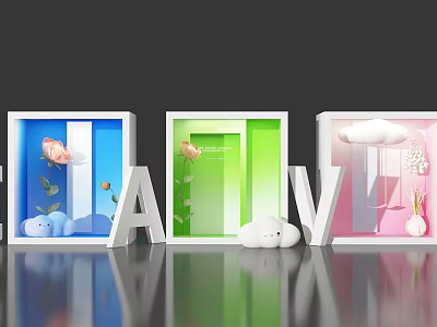 Colorful Frames Photo Check In Spot With Letter Decor Flowers Greenery And Mirror Floor 3d model