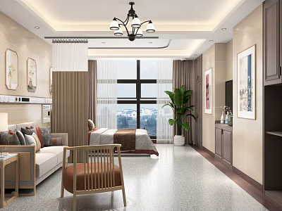 Modern Hotel Room Interior Featuring Sofa Bed Large Window Green Plant And Decorative Paintings 3d model