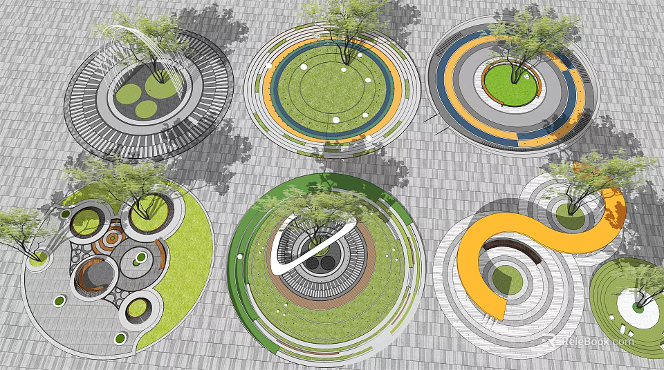 Various Circular Tree Pits With Green Lawns And Colorful Rings On Paved Ground 3d model 