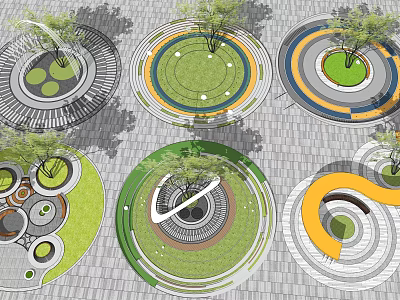 Various Circular Tree Pits With Green Lawns And Colorful Rings On Paved Ground 3d model