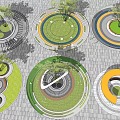 Various Circular Tree Pits With Green Lawns And Colorful Rings On Paved Ground