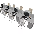 Modern Office Workspace With Multiple Desks Computer Monitors And White Chairs 3d model
