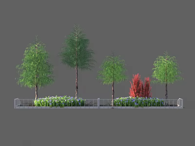 Plants Arrangement With Tall Green Trees Red Bush Low Green Plants And White Railing 3d model