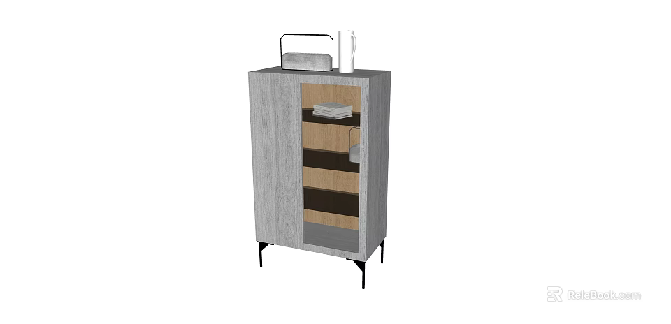 Functional Gray Wooden Storage Cabinet with Multiple Open Shelves and Black Metal Legs 3d model 
