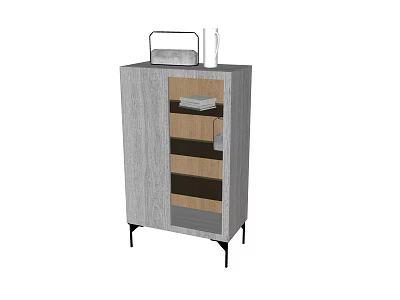 Functional Gray Wooden Storage Cabinet with Multiple Open Shelves and Black Metal Legs 3d model