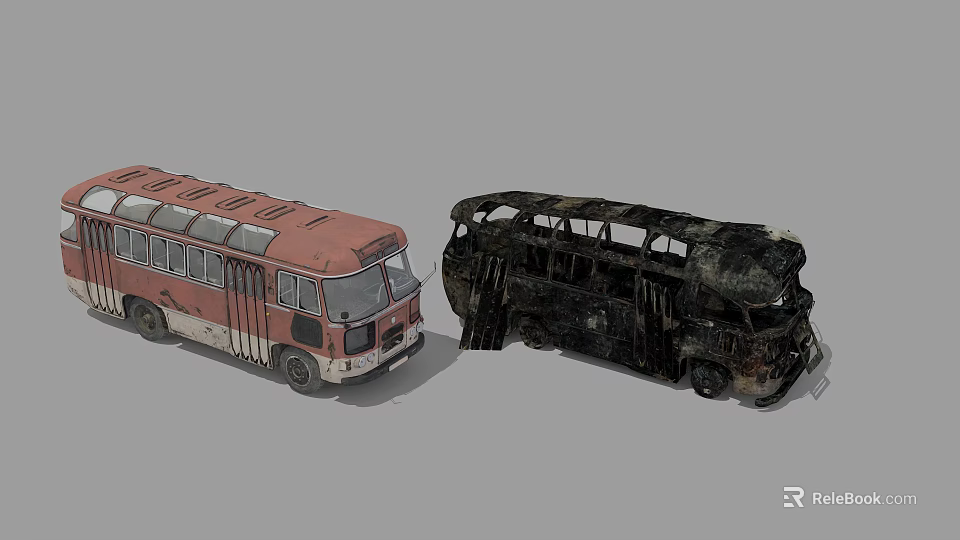 Old Red and White Bus and Burnt Bus Wreckage Displayed Together 3d model 