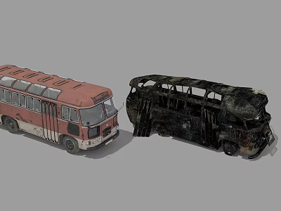 Old Red and White Bus and Burnt Bus Wreckage Displayed Together 3d model