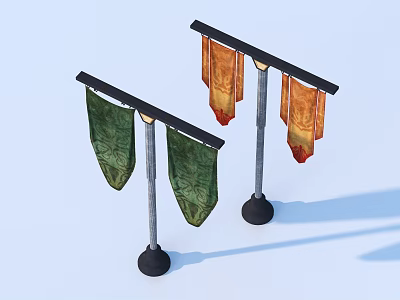 Decorative Household Flag Stands With Green Orange Patterned Banners And Metal Poles 3d model