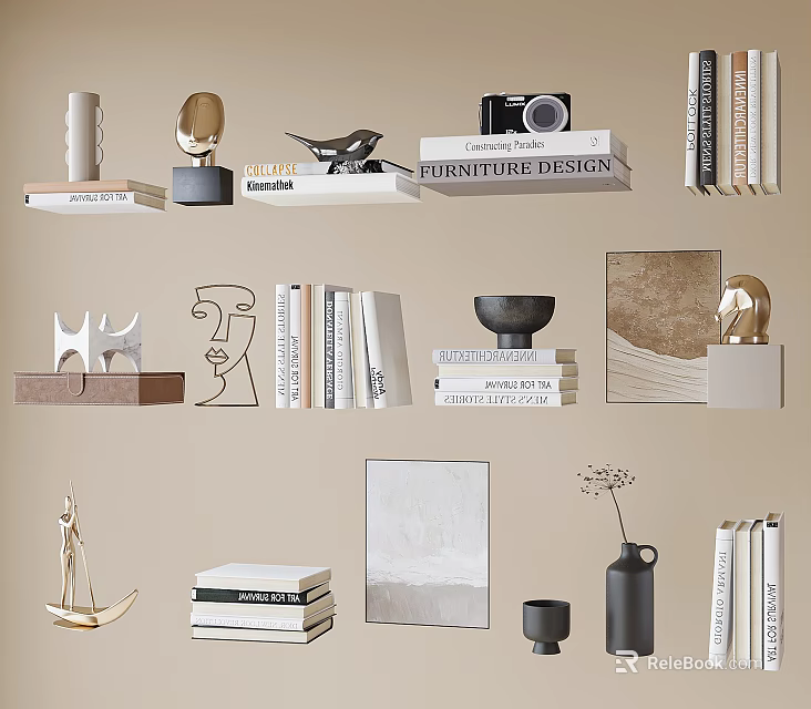 Modern Decorative Ornament Set With Books Sculptures Camera Frames And Vases For Home Shelf 3d model 