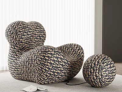 Organic Shaped Patterned Bean Bag Chair With Matching Ottoman In Modern Living Space 3d model