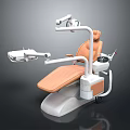 Modern Dental Treatment Chair Featuring Orange Seat White Frame Treatment Light And Instrument Arm