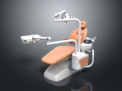 Modern Dental Treatment Chair Featuring Orange Seat White Frame Treatment Light And Instrument Arm 3d model