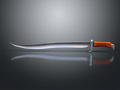 Detailed Sharp Weapon Knife With Orange Handle Silver Blade And Reflective Black Surface 3d model