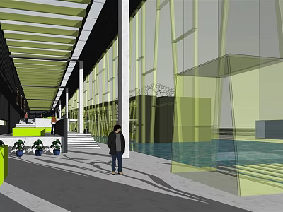 Modern Sales Office Building Exterior With Glass Curtain Wall Entrance Steps And Water Feature 3d model