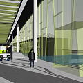 Modern Sales Office Building Exterior With Glass Curtain Wall Entrance Steps And Water Feature