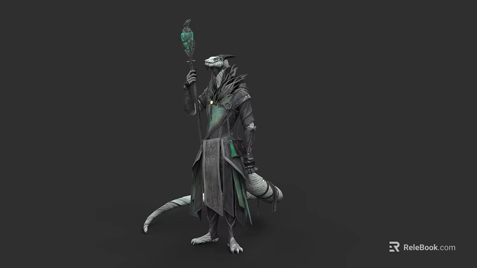 Lizard Folk Character In Fantasy Robed Attire Holding Green Staff Standing Pose 3d model 