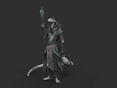 Lizard Folk Character In Fantasy Robed Attire Holding Green Staff Standing Pose 3d model