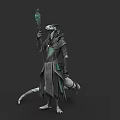 Lizard Folk Character In Fantasy Robed Attire Holding Green Staff Standing Pose