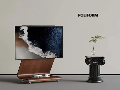 Poliform Modern TV On Wooden Stand With Black Column Side Table And Green Plant 3d model