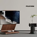 Poliform Modern TV On Wooden Stand With Black Column Side Table And Green Plant