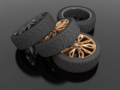 Stacked Car Tires With Black And Gold Alloy Rims On Dark Background 3d model