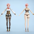 Game Movie Character With Pink Hair Front Back View White Top Black Skirt Bikini Outfit