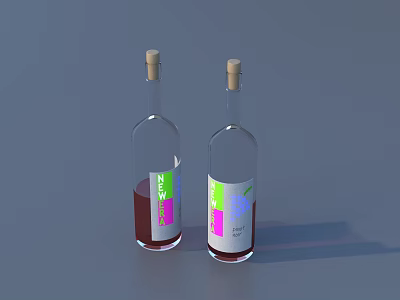Two Transparent Wine Bottles With Wooden Corks Colorful Square Labels Colored Liquids On Gray Background 3d model