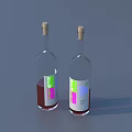 Two Transparent Wine Bottles With Wooden Corks Colorful Square Labels Colored Liquids On Gray Background