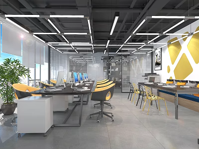 Modern Public Office Space With Yellow Chairs Desks Ceiling Lights Potted Plant And Wall Decor 3d model